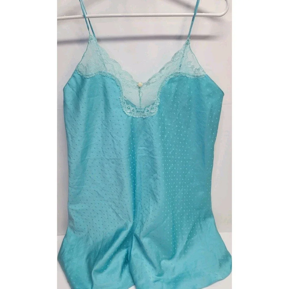 Vtg Victoria’s‎ Secret Gold Tag Teal Satin Slip babydoll Nightgown Lingerie Sz M